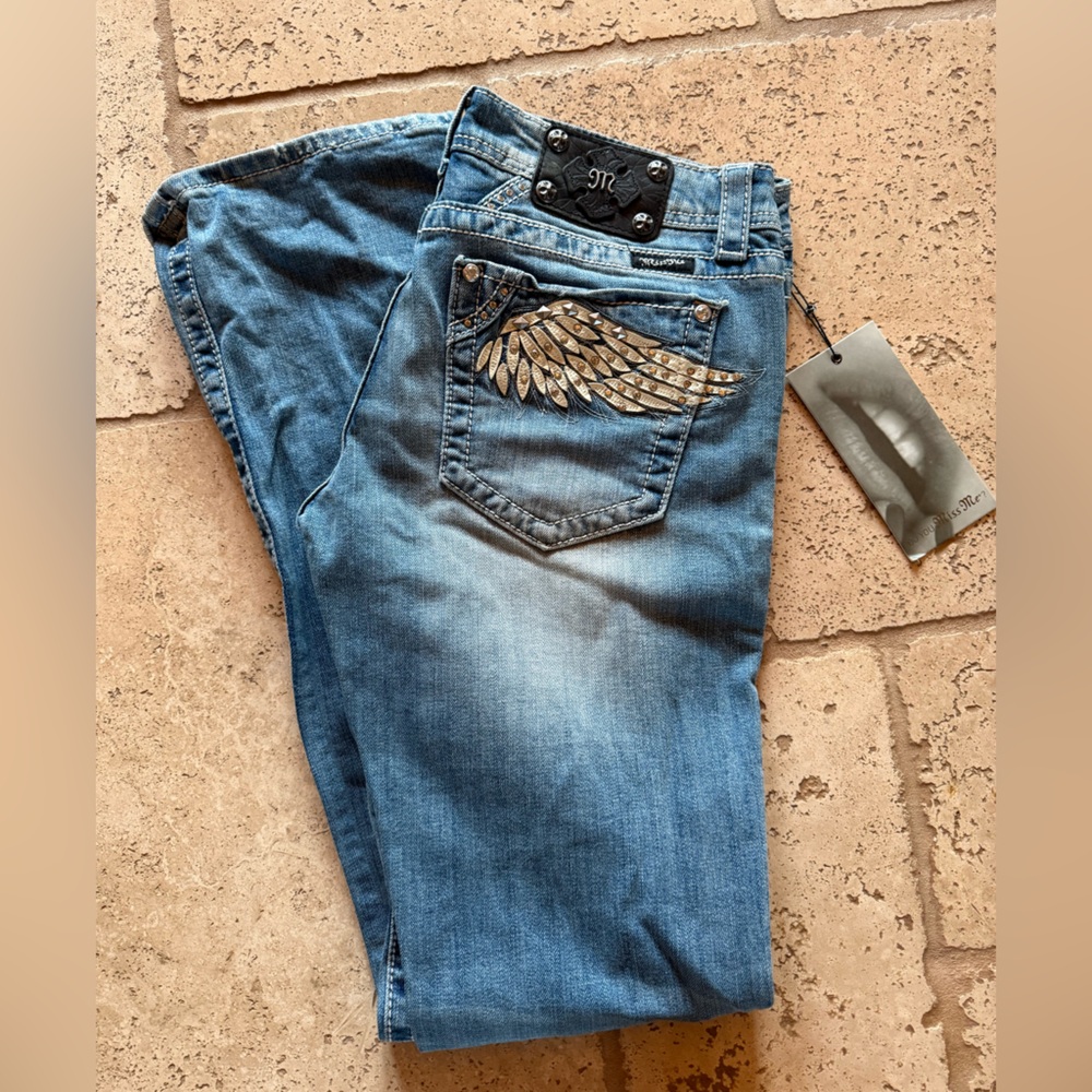 Miss Me Blue Flare Jeans with Gold Embellishment